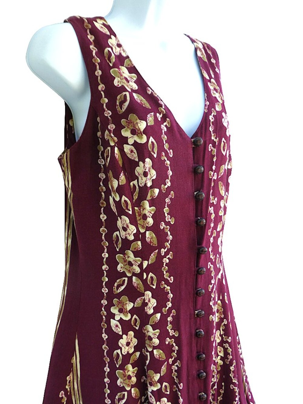 Vintage USA 70s Burgundy Hawaiian Floral Midi Tank Dress Full Button Front Tie - Picture 2 of 8